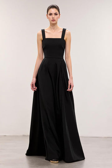 Black Square Neck A Line Long Evening Dress